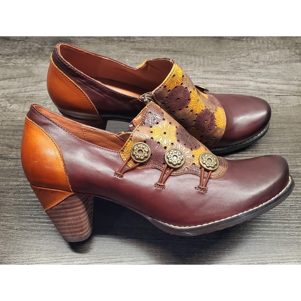 Spring Step L'artiste Kantia 41 Brown Yello Multi Floral Zip Block Heel Pumps